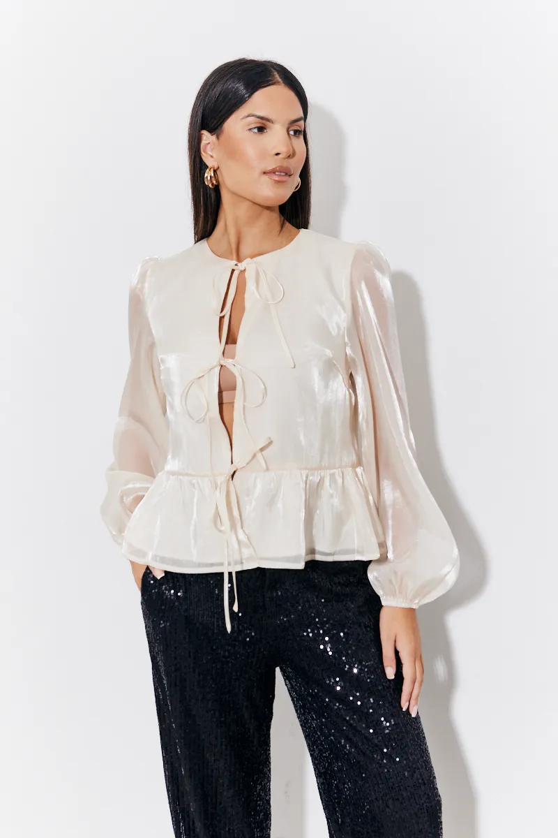 In The Style Organza Tie Front Puff Sleeve Top in Cream