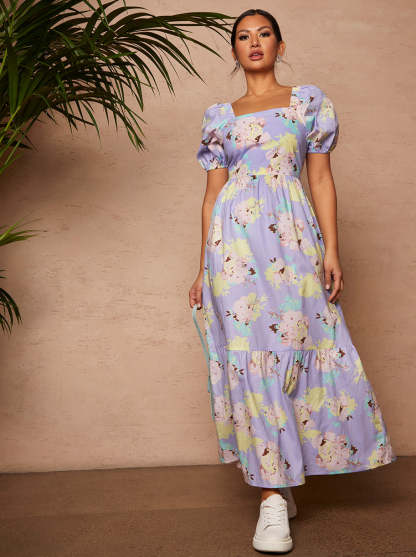 Floral Printed Tie Back Maxi Dress in Blue