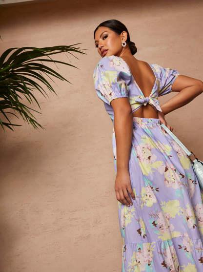 Floral Printed Tie Back Maxi Dress in Blue