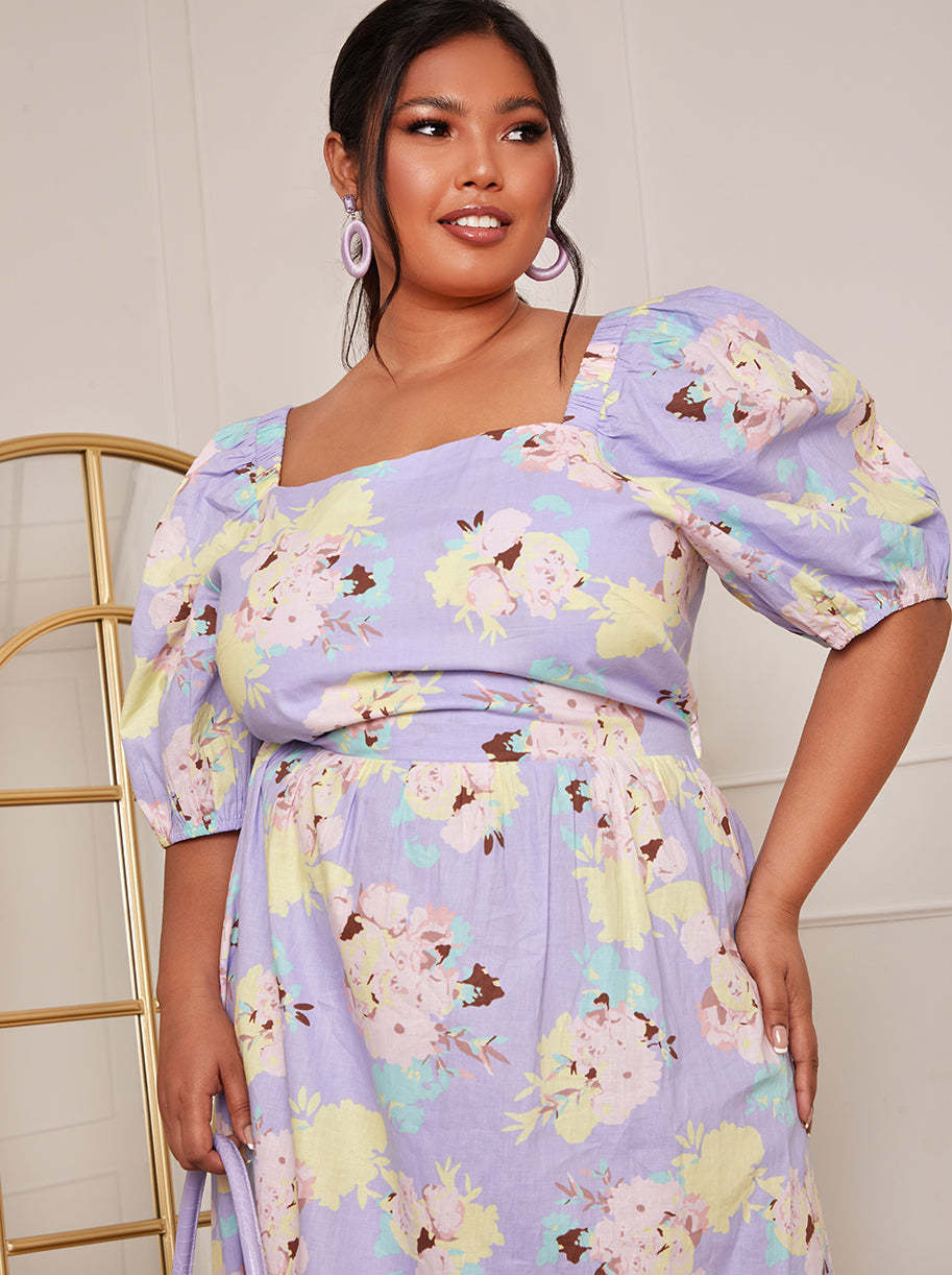 Plus Size Floral Printed Tie Back Maxi Dress in Blue