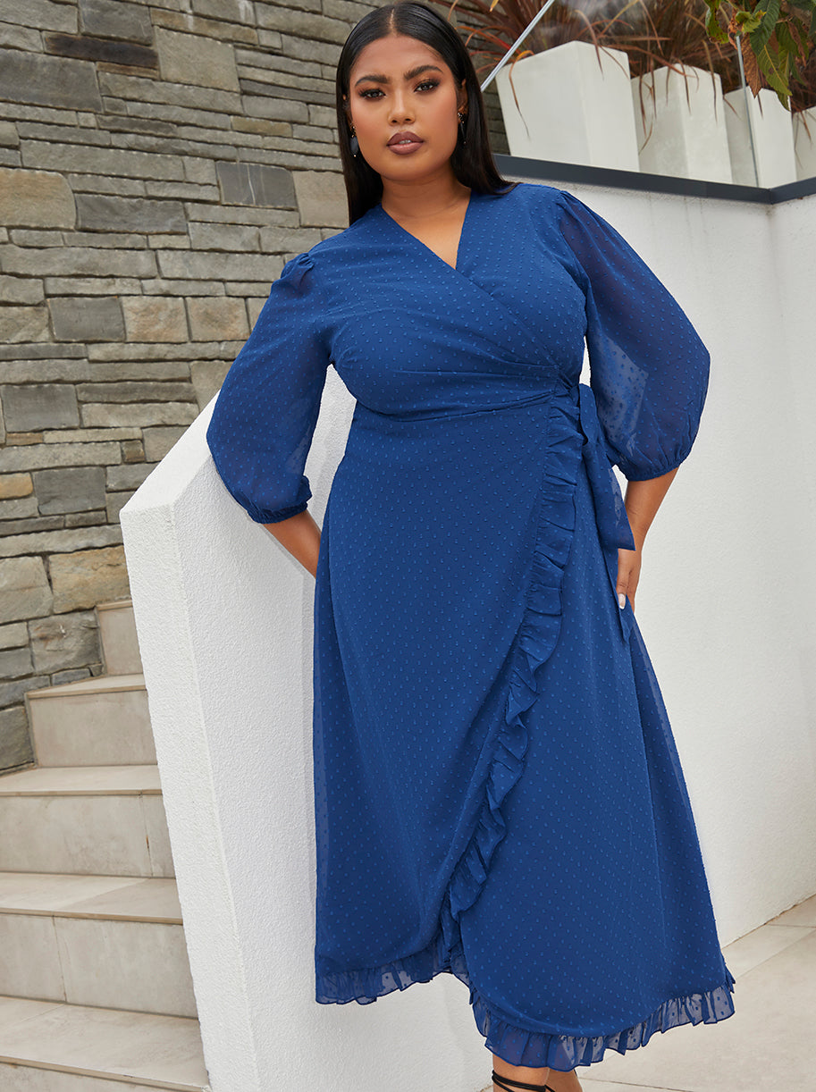 Plus Size Short Sleeve Dobby Wrap Midi Dress in Cobalt