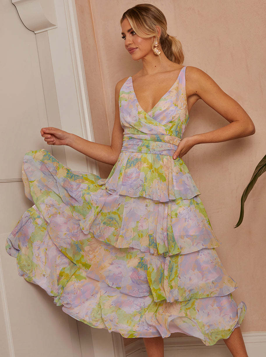Sleeveless Watercolour Print Midi Dress in Purple