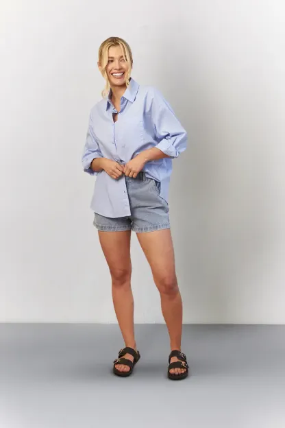 In The Style Denim Paper Bag Shorts in Light Blue