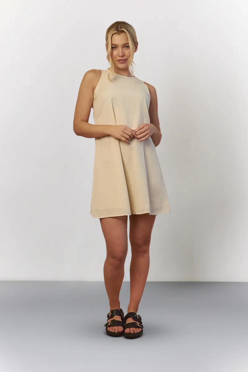 In The Style Linen High Neck Sleeveless Smock Mini Dress in Stone