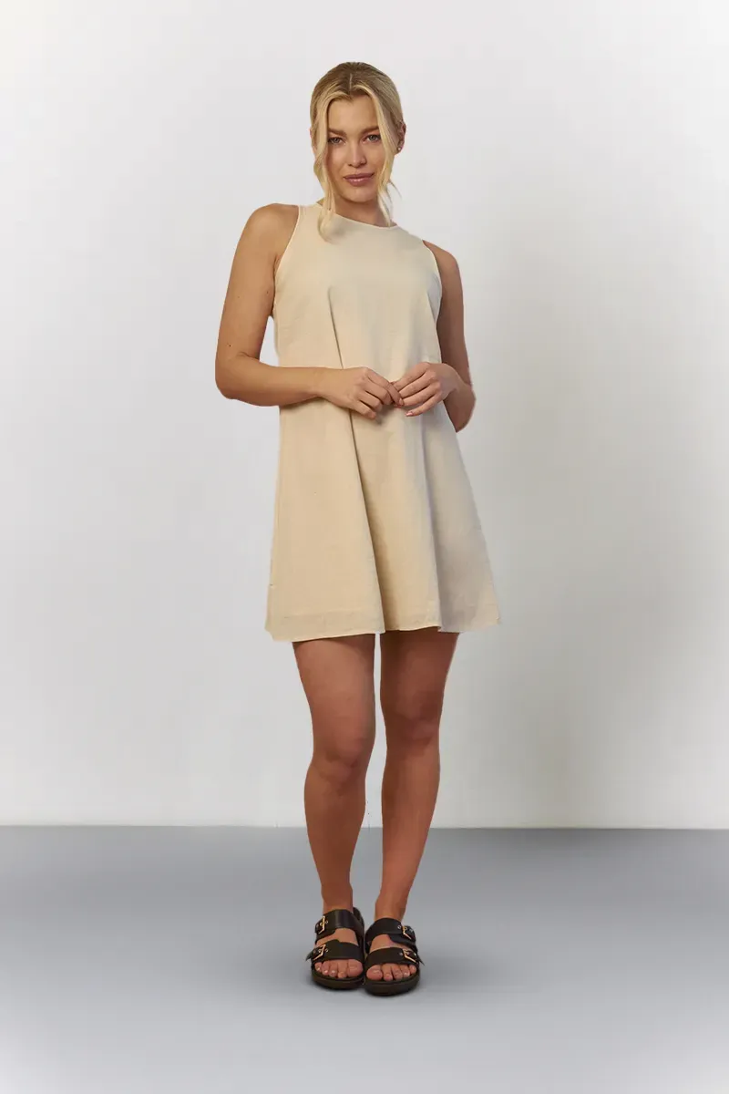 In The Style Linen High Neck Sleeveless Smock Mini Dress in Stone