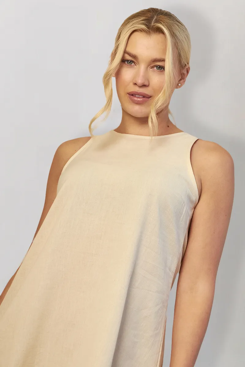 In The Style Linen High Neck Sleeveless Smock Mini Dress in Stone