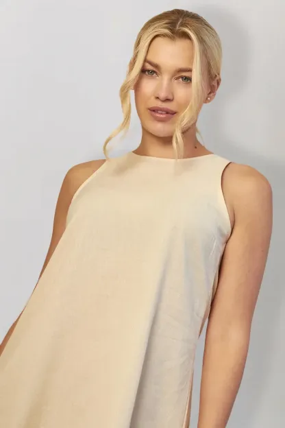 In The Style Linen High Neck Sleeveless Smock Mini Dress in Stone