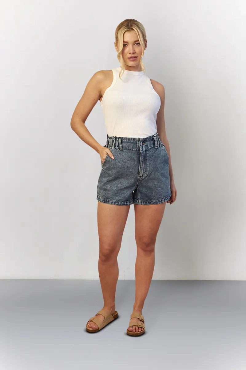 In The Style Denim Paper Bag Shorts in Mid Blue