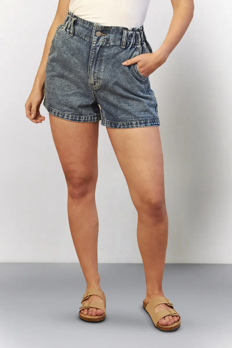 In The Style Denim Paper Bag Shorts in Mid Blue