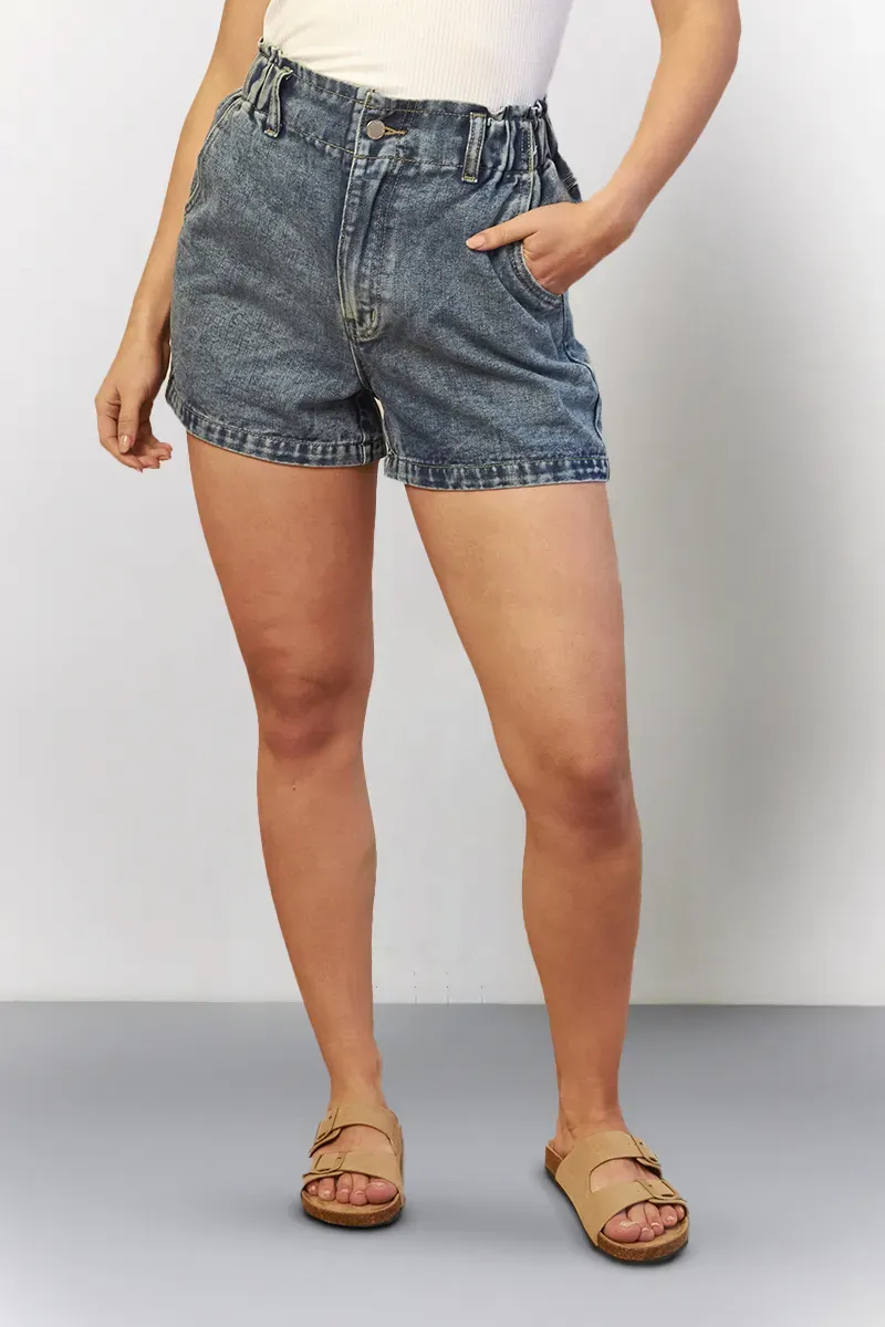 In The Style Denim Paper Bag Shorts in Mid Blue