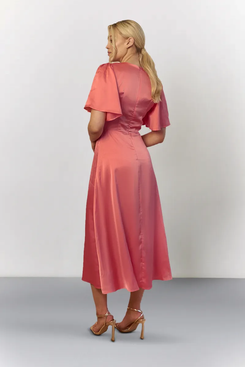 In The Style Coral Satin Flutter Sleeve Midaxi Slip Dress