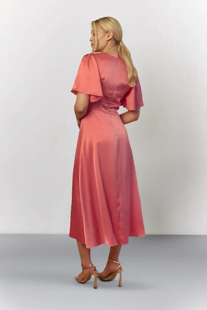 In The Style Coral Satin Flutter Sleeve Midaxi Slip Dress