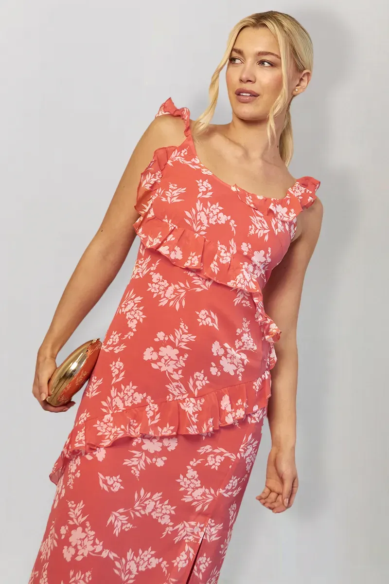 In The Style Coral Floral Print Chiffon Frill Detail Maxi Dress