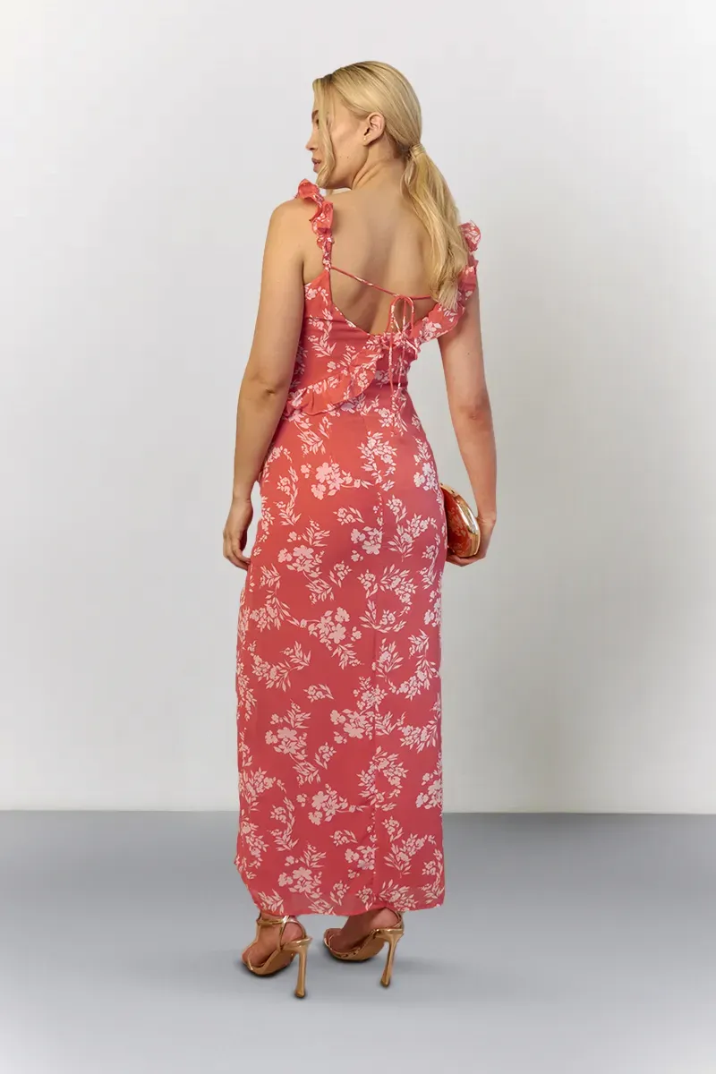 In The Style Coral Floral Print Chiffon Frill Detail Maxi Dress