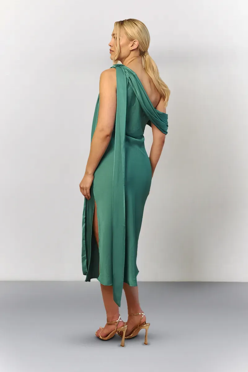 In The Style Green Satin Asymmetric Neckline Midi Dress