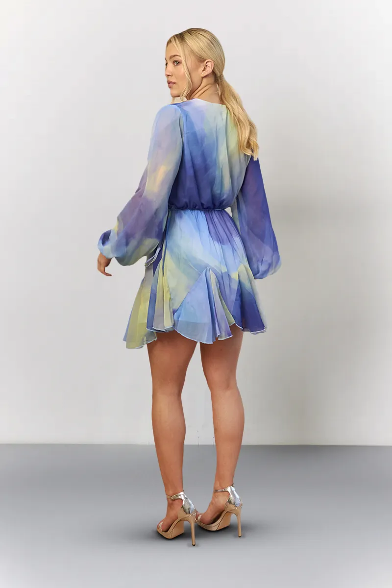 In The Style Blue Abstract Print Chiffon Wrap Godet Frill Mini Dress
