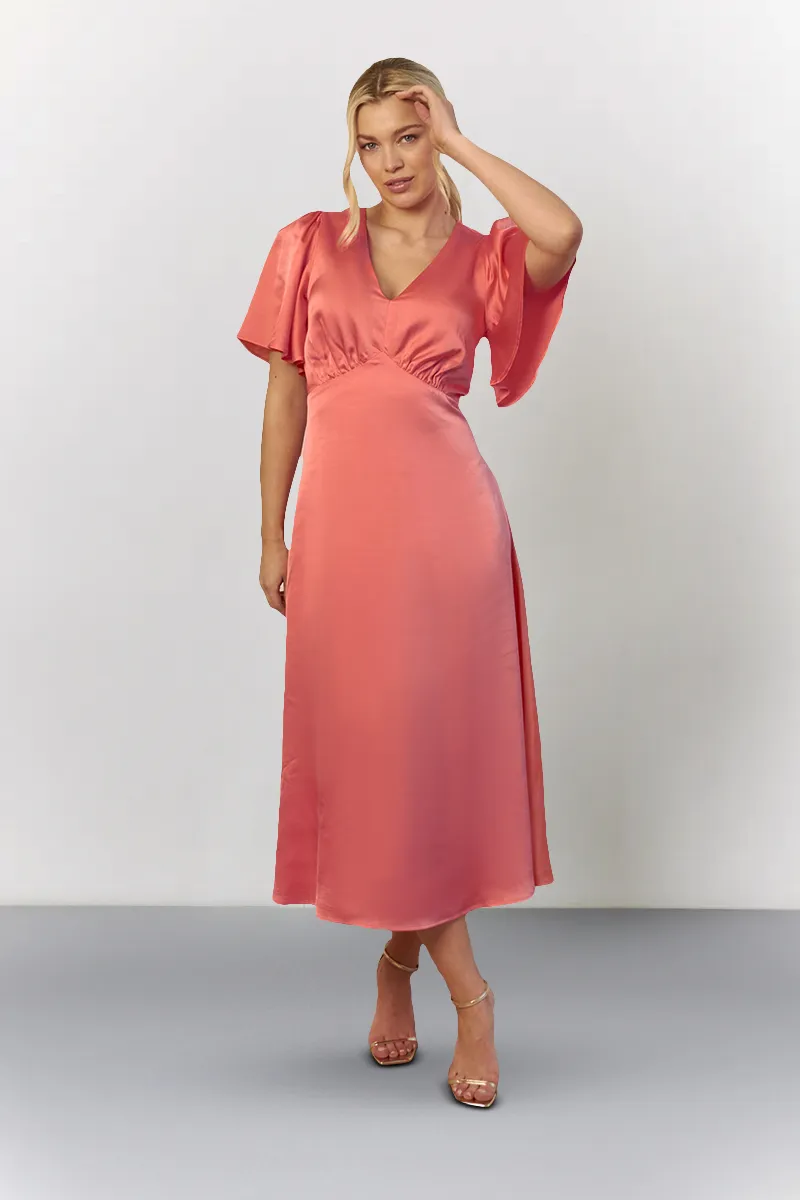 In The Style Coral Satin Flutter Sleeve Midaxi Slip Dress