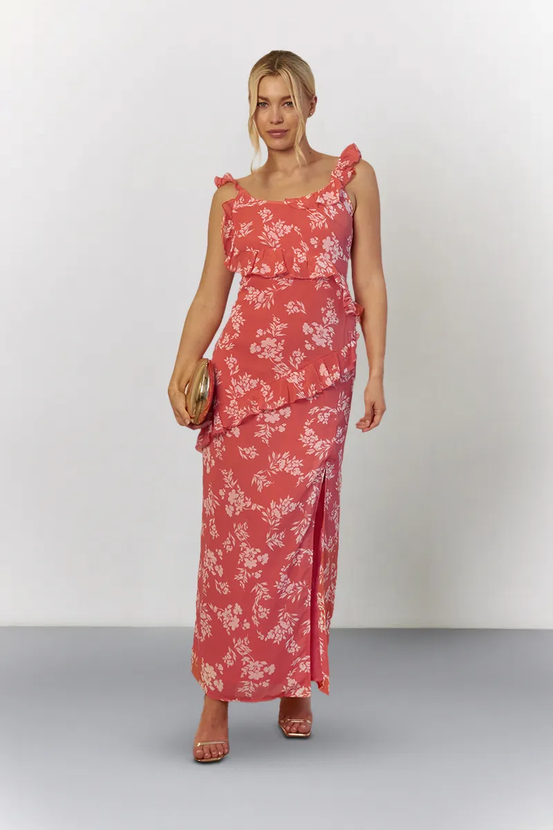 In The Style Coral Floral Print Chiffon Frill Detail Maxi Dress