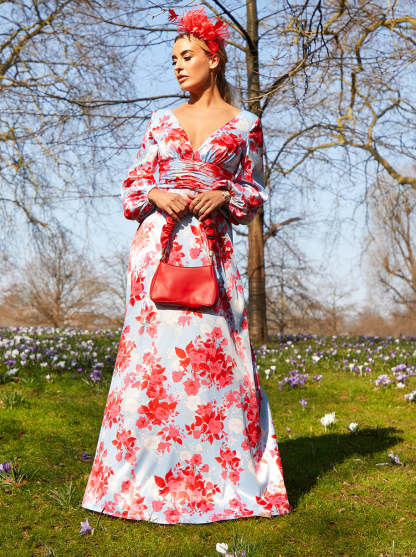 Long Sleeve V Neck Floral Maxi Dress in Blue