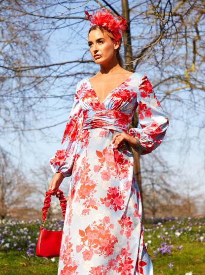 Long Sleeve V Neck Floral Maxi Dress in Blue