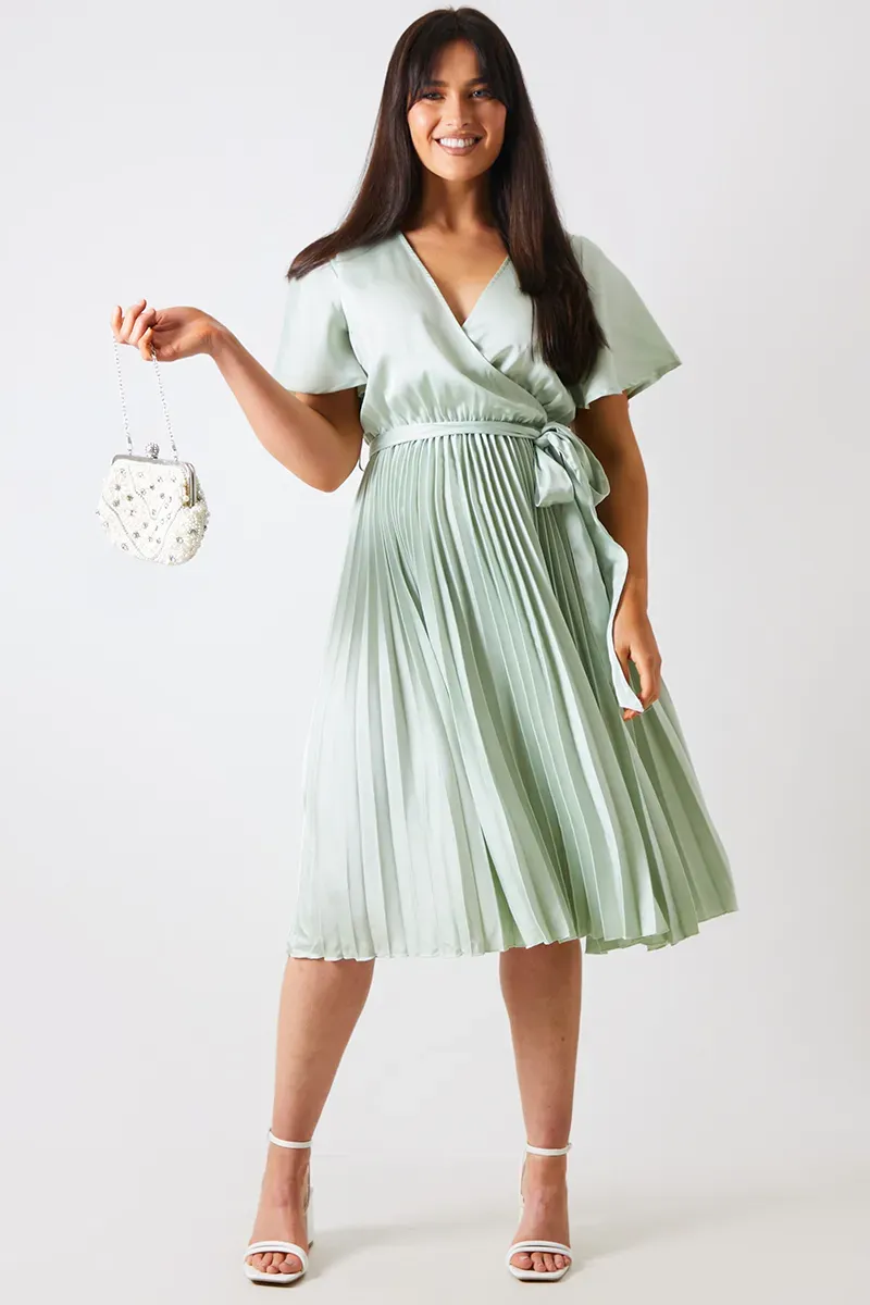 In The Style Angel Sleeve Pleated Wrap Midi Dress