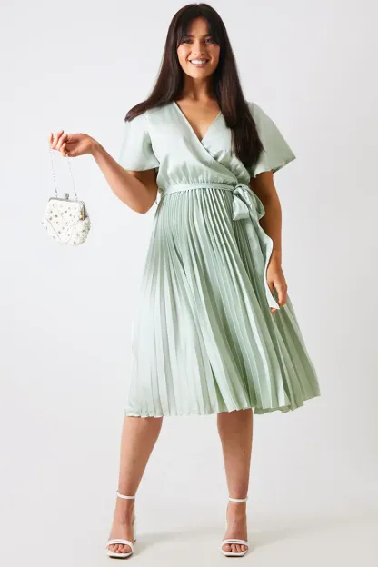 In The Style Angel Sleeve Pleated Wrap Midi Dress	