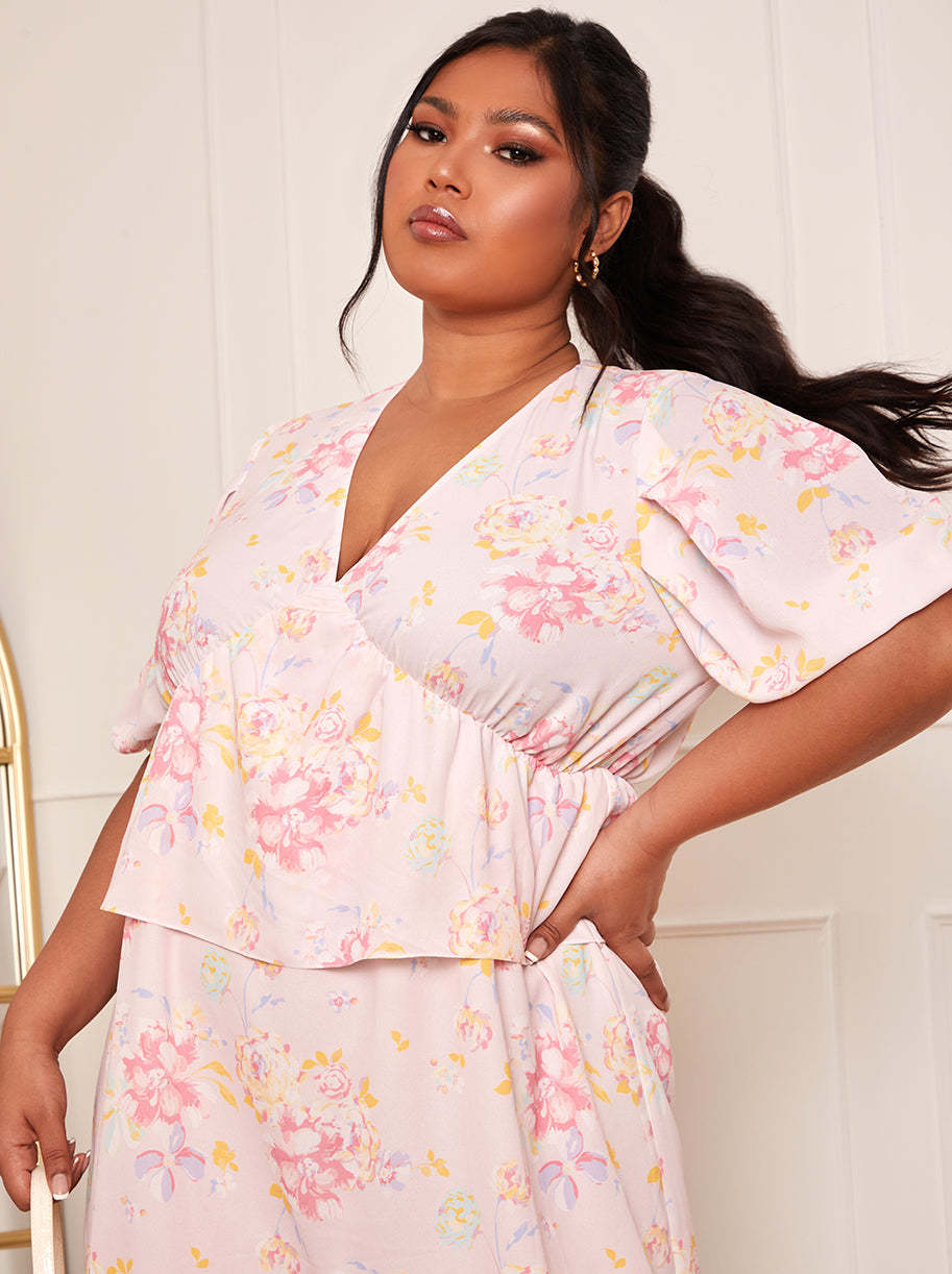 Plus Size Short Sleeve Floral Printed Midi Dress in Pink