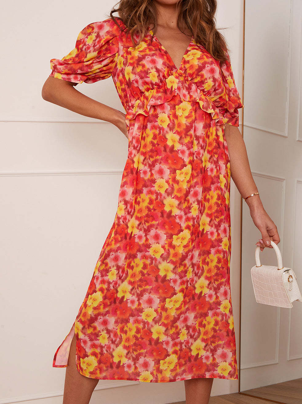 Short Sleeve Floral Printed Midi Dress in Orange