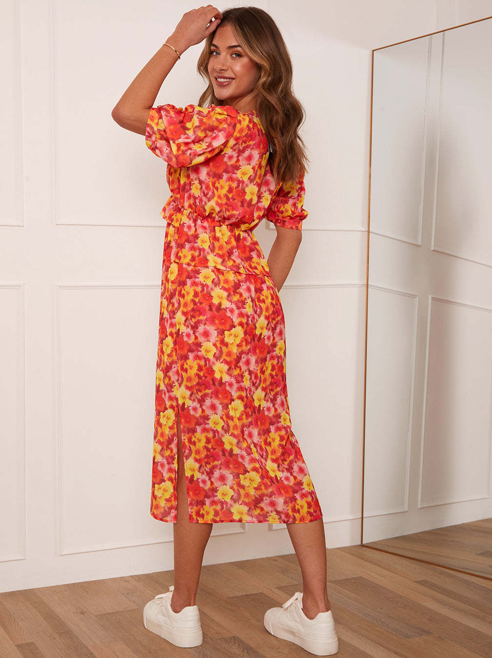 Short Sleeve Floral Printed Midi Dress in Orange