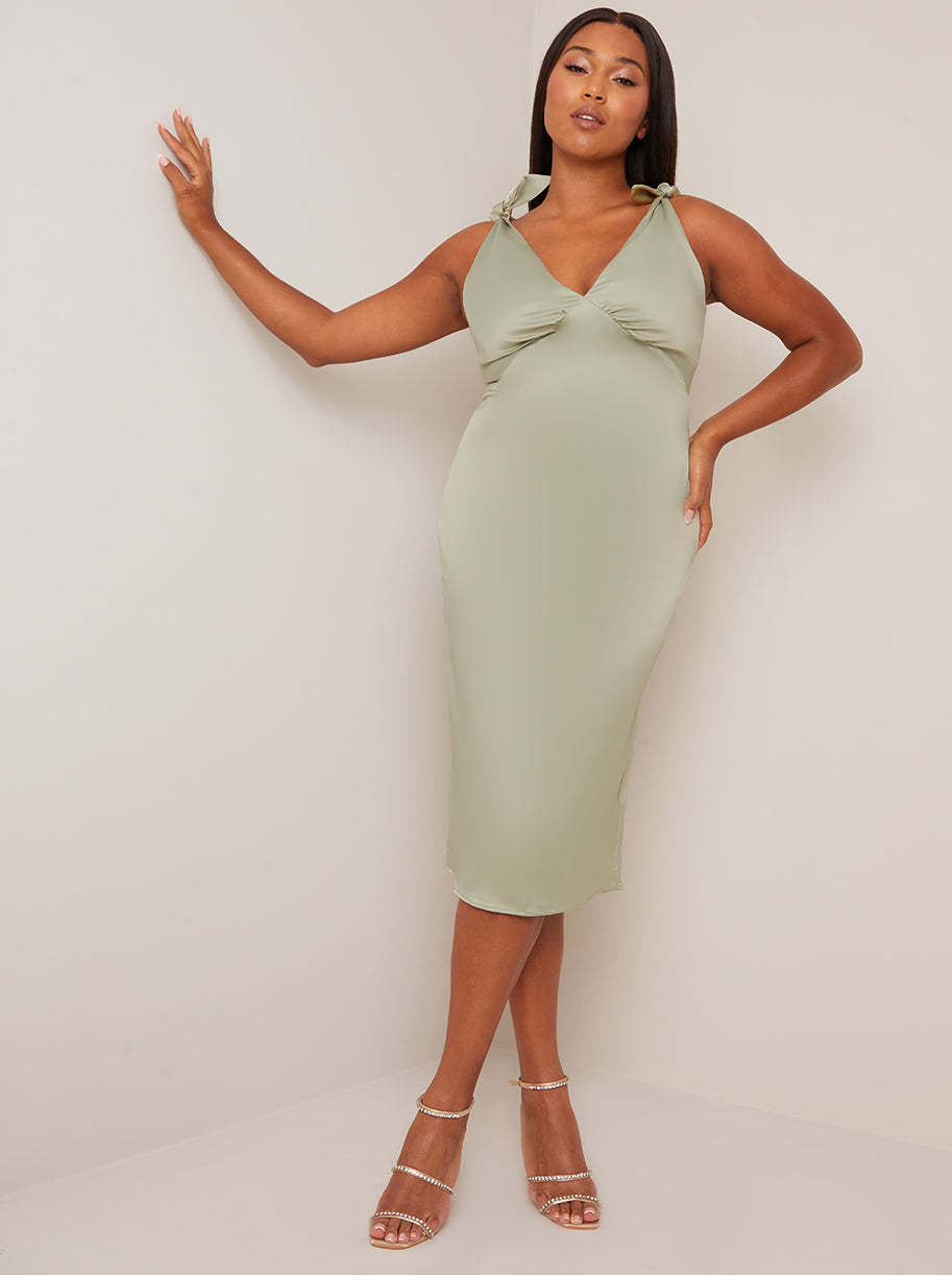 V Neck Tie Shoulder Midi Dress in Sage