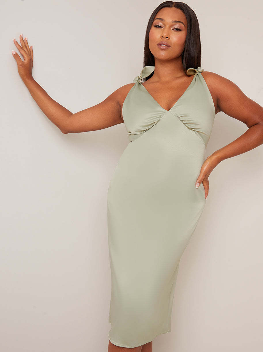 V Neck Tie Shoulder Midi Dress in Sage