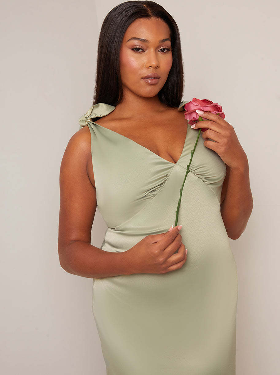 V Neck Tie Shoulder Midi Dress in Sage