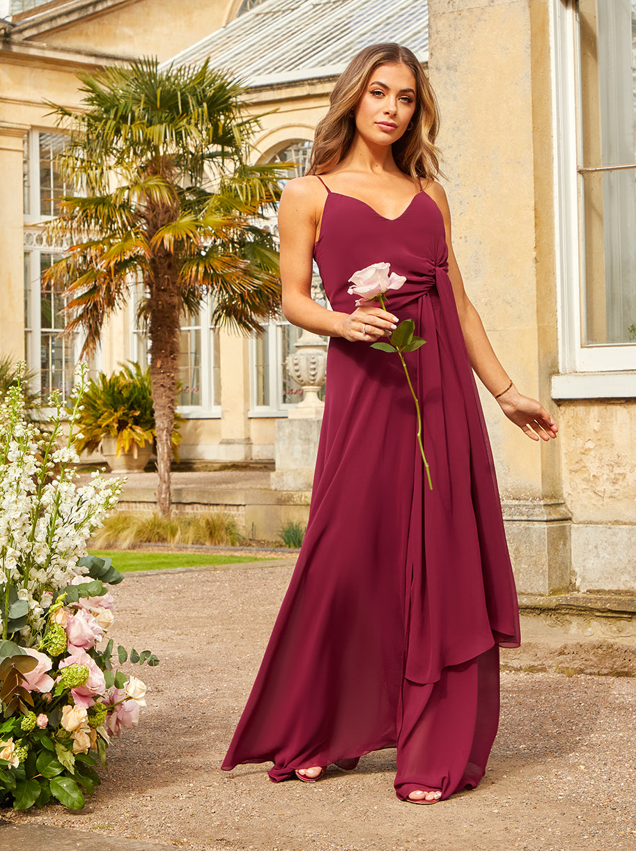 Chi chi london lace embroidered top maxi dress with pleated skirt in shop wine