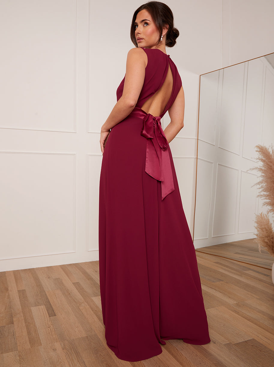 Petite Cut Out Bow Back Maxi Dress in Wine