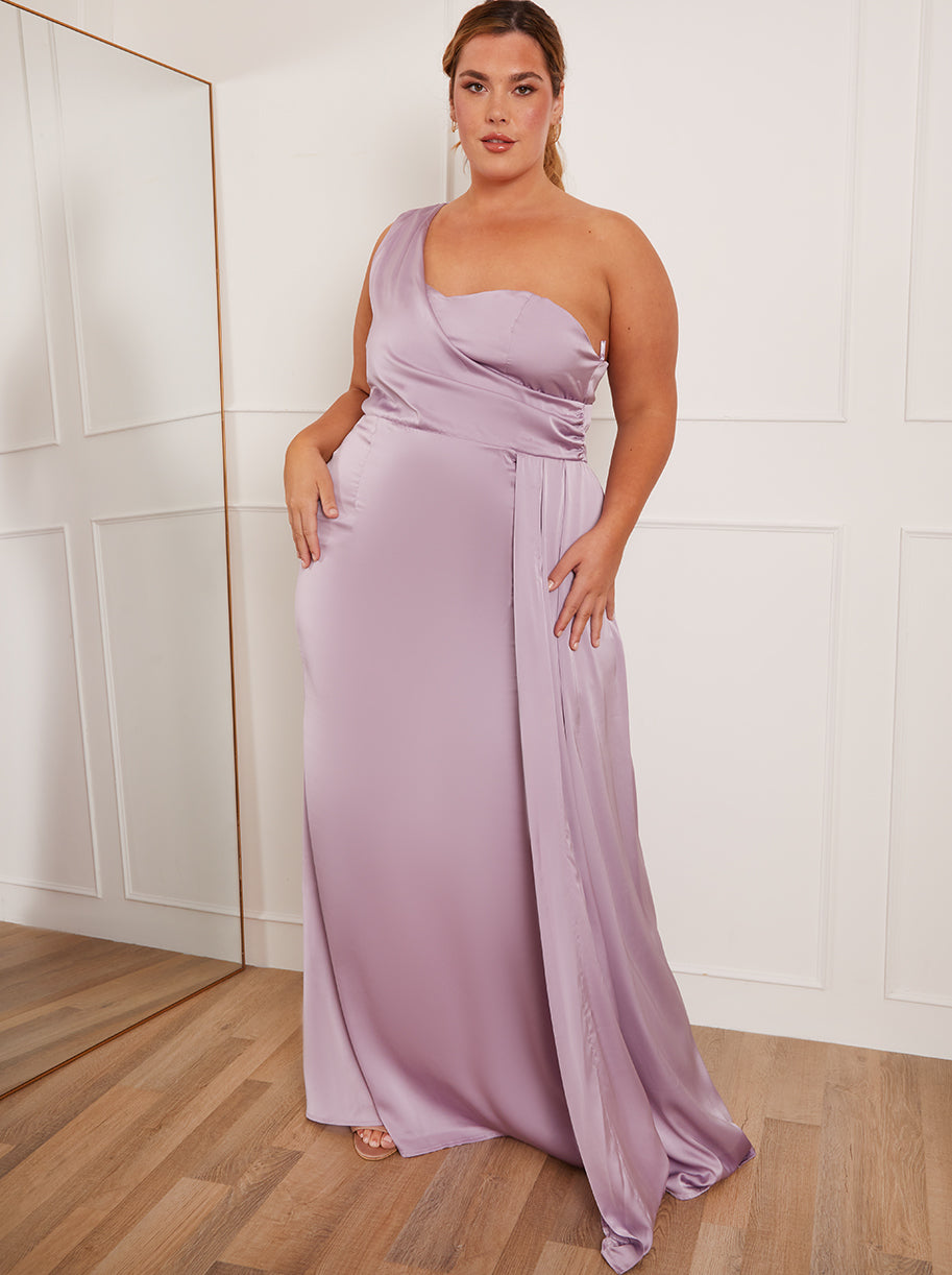 Plus Size One Shoulder Satin Maxi Dress in Lilac