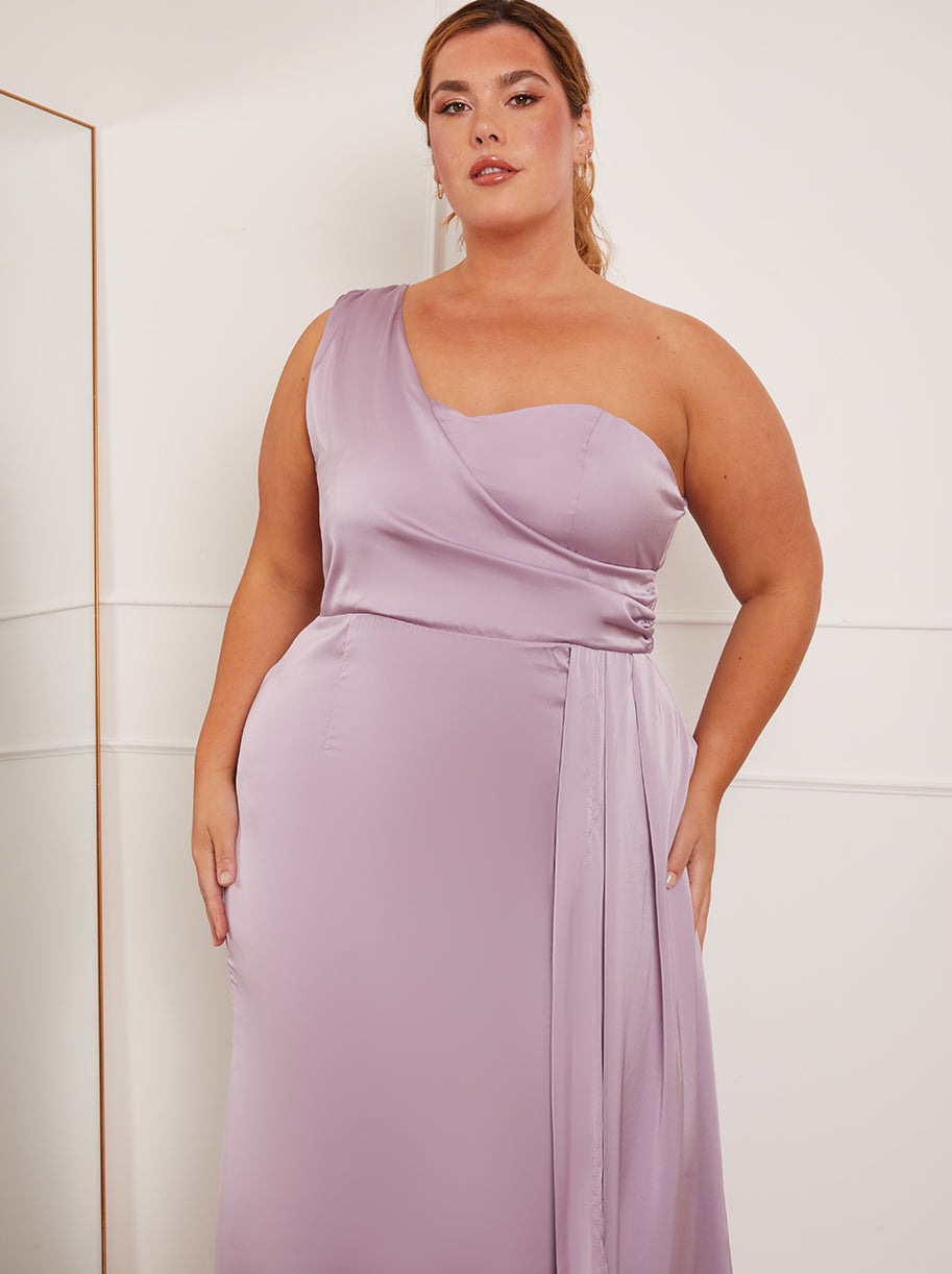 Plus Size One Shoulder Satin Maxi Dress in Lilac