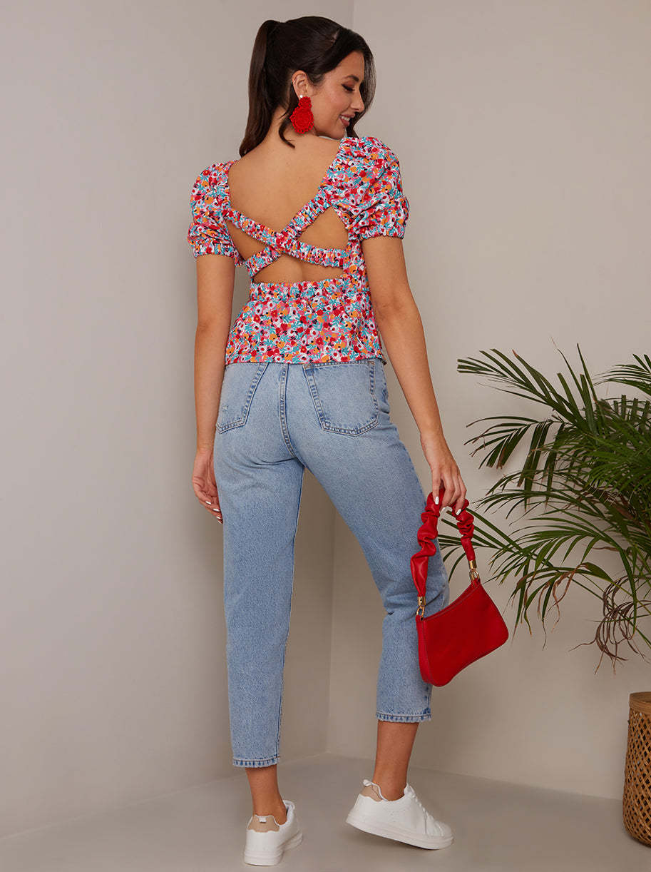 Cross Back Puff Sleeve Floral Top in Red