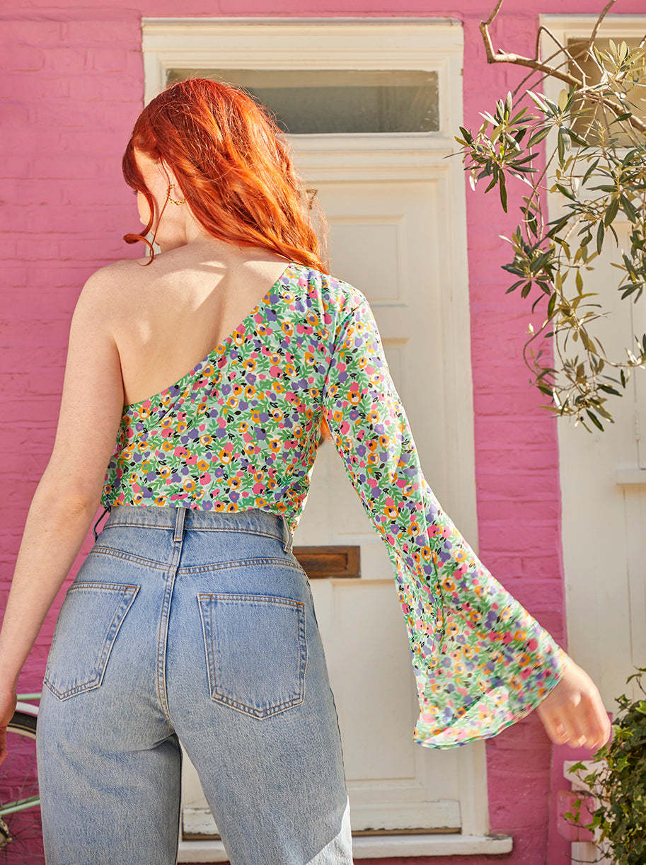 One Shoulder Long Sleeve Floral Print Top in Green