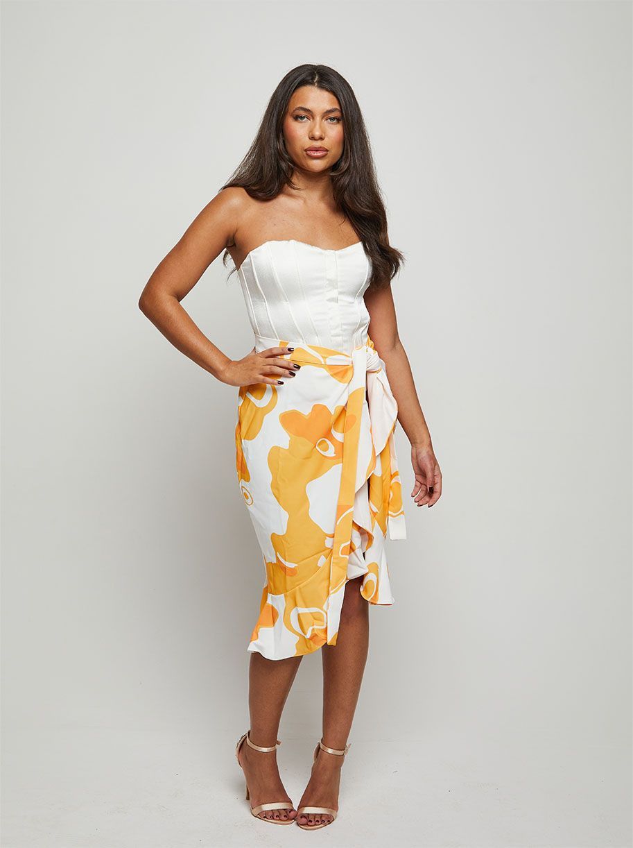 Ruffle Printed Wrap Midi Skirt in Yellow