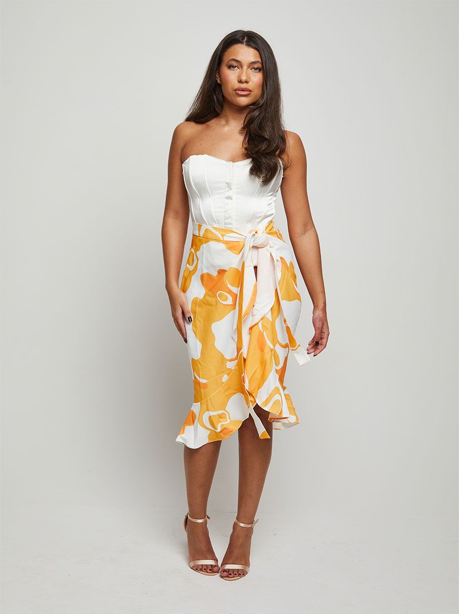 Ruffle Printed Wrap Midi Skirt in Yellow
