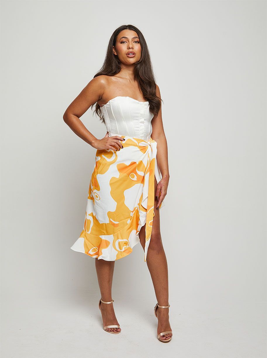 Ruffle Printed Wrap Midi Skirt in Yellow