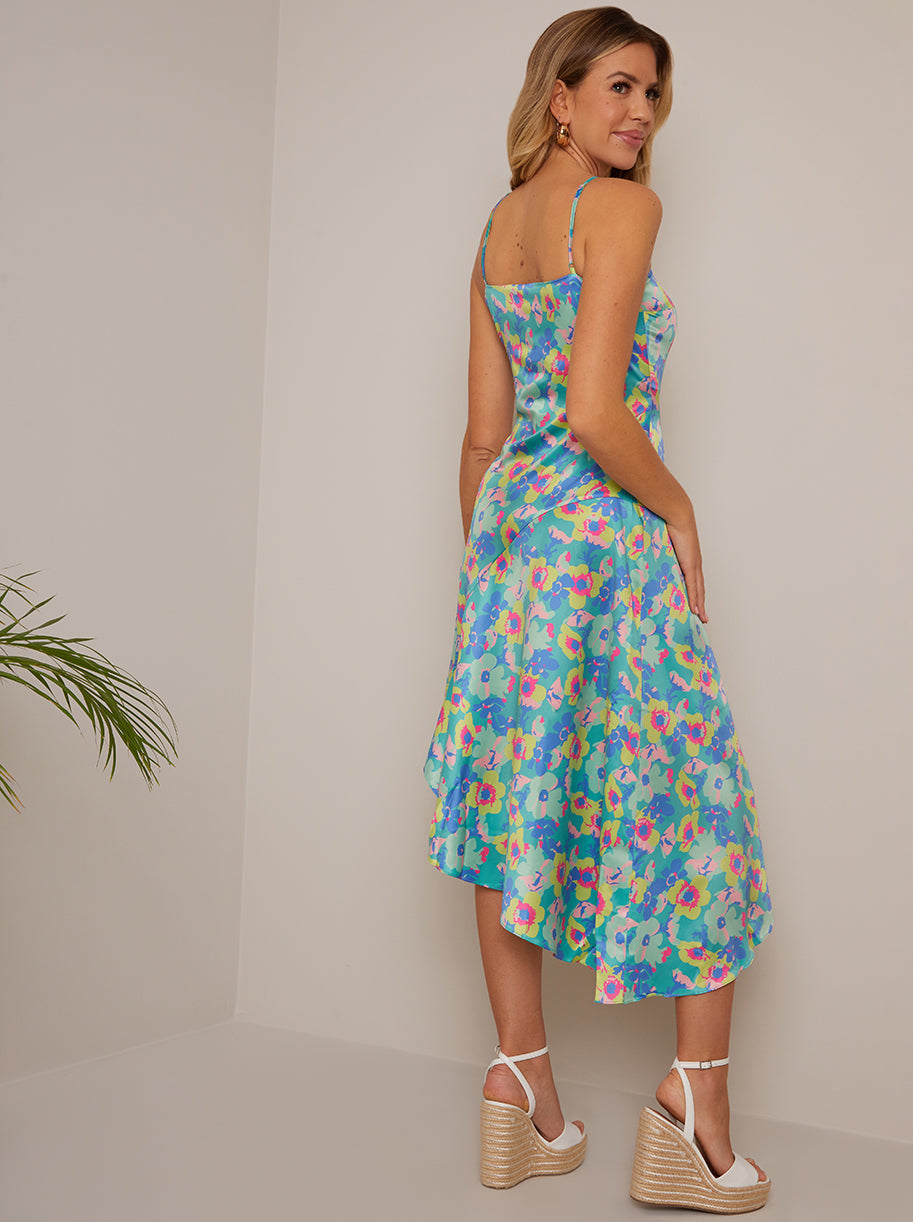 One-Shoulder Floral Asymmetric Hem Midi Dress in Green