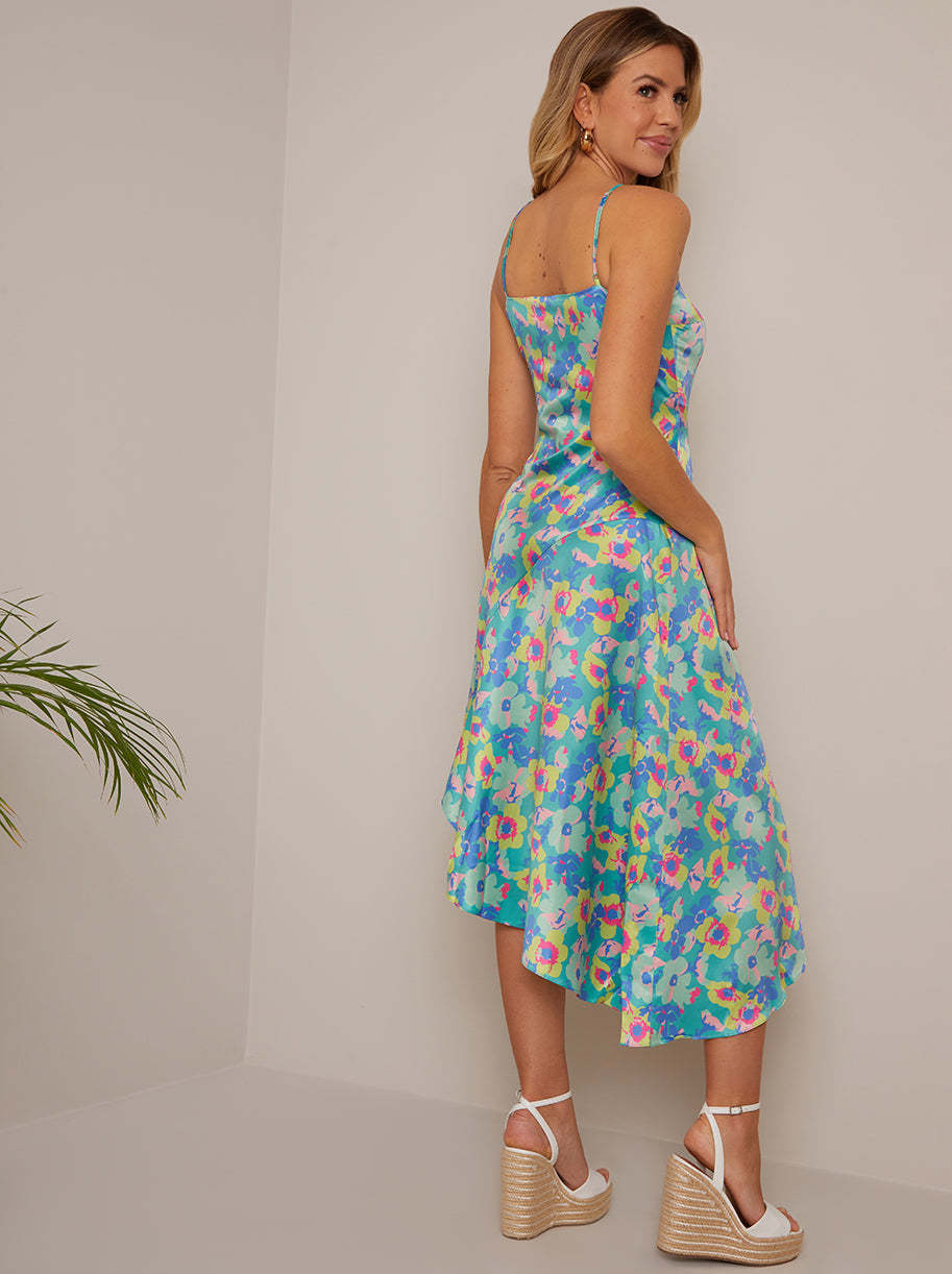 One-Shoulder Floral Asymmetric Hem Midi Dress in Green