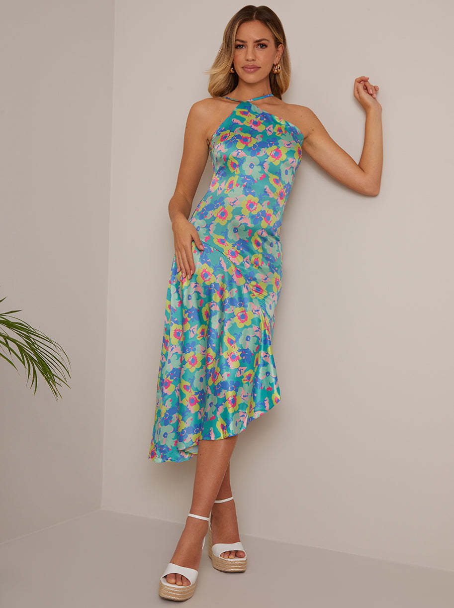 One-Shoulder Floral Asymmetric Hem Midi Dress in Green