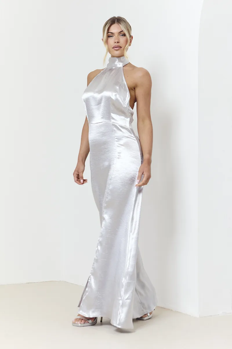 In The Style Silver Liquid Satin Halterneck Split Detail Maxi Dress