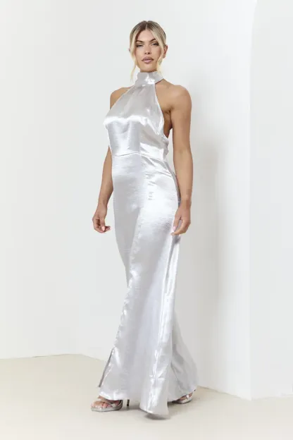 In The Style Silver Liquid Satin Halterneck Split Detail Maxi Dress