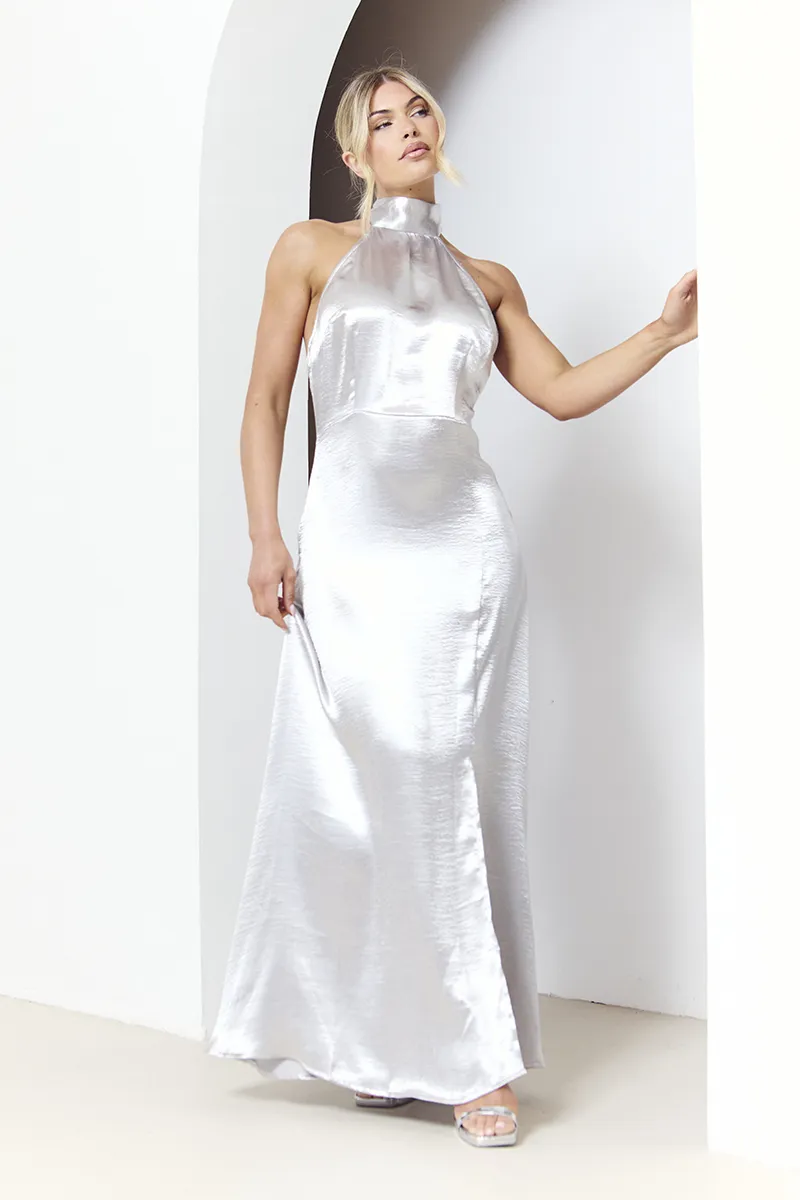 In The Style Silver Liquid Satin Halterneck Split Detail Maxi Dress
