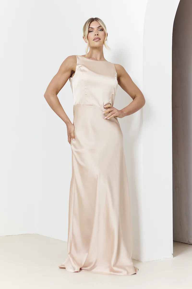 In The Style Light Gold Satin Cowl Back Bridesmaids Maxi Dress 