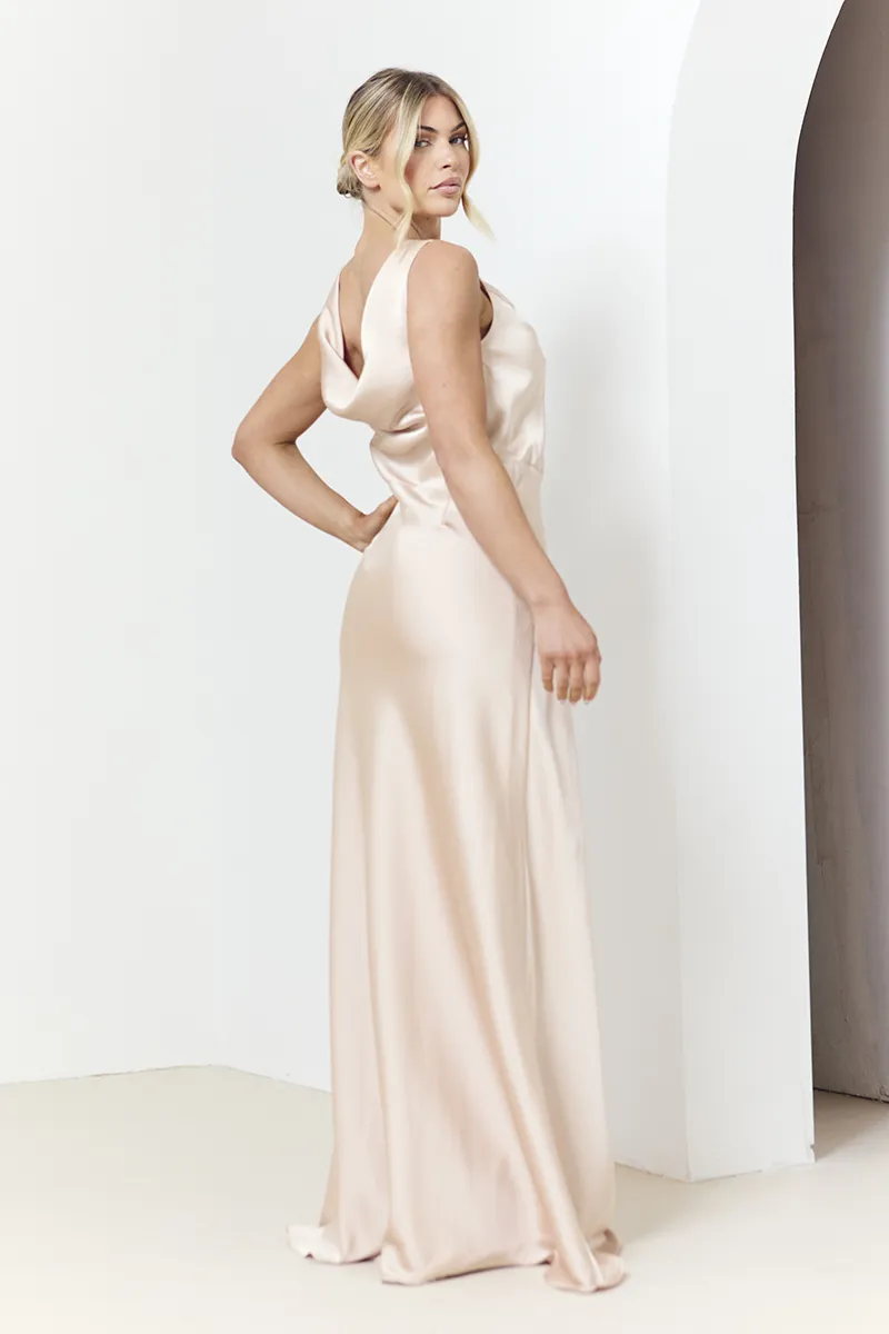 In The Style Light Gold Satin Cowl Back Bridesmaids Maxi Dress 