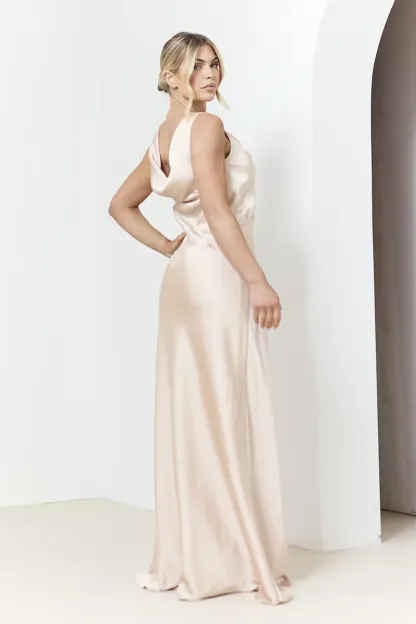 In The Style Light Gold Satin Cowl Back Bridesmaids Maxi Dress 